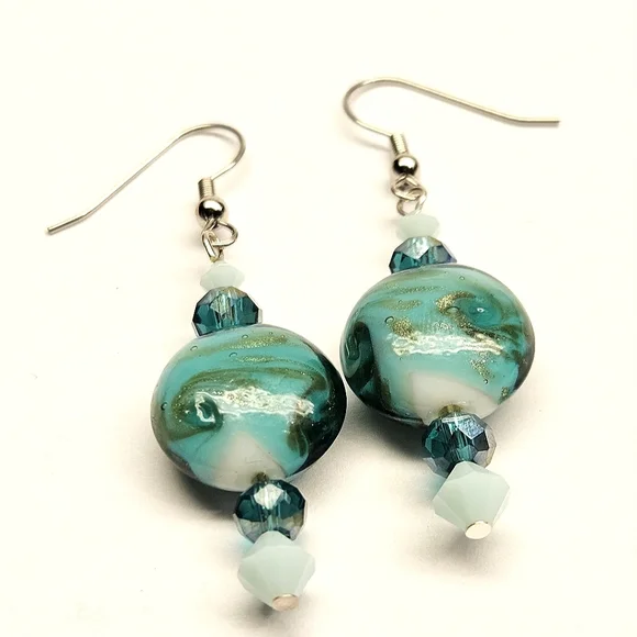 Teal Glass Beaded Earrings - Picture 2 of 5